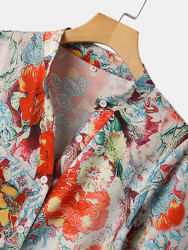 Blusa Con Botones Y Cuello Alto De Manga Corta Con Estampado Calico Para Mujer