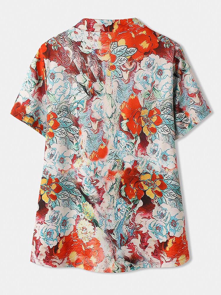 Blusa Con Botones Y Cuello Alto De Manga Corta Con Estampado Calico Para Mujer