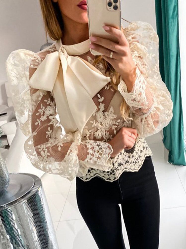 Blusa Con Cremallera Trasera Ahuecada Con Retazos De Encaje Elegante Para Mujer