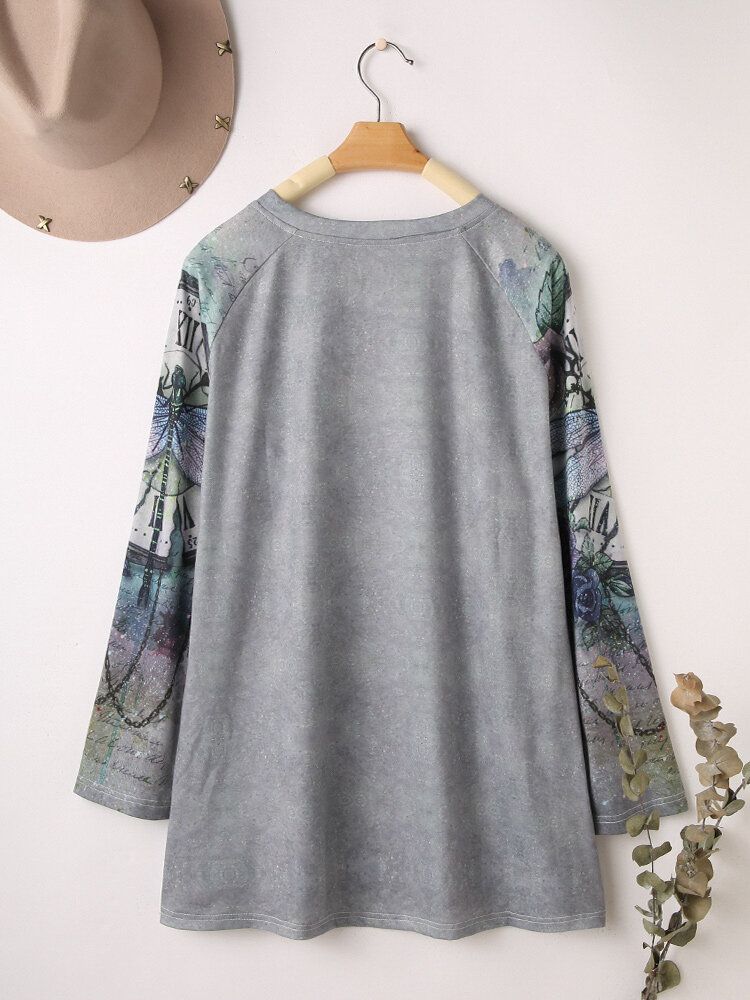 Blusa Con Cuello Redondo Y Manga Larga Estampada Con Libélula Vintage Para Mujer