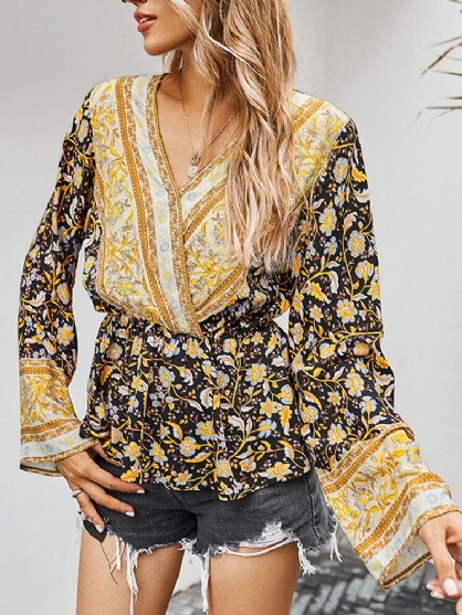 Blusa Con Cuello En V Con Estampado Barroco Y Estampado Floral Bohemio Para Mujer