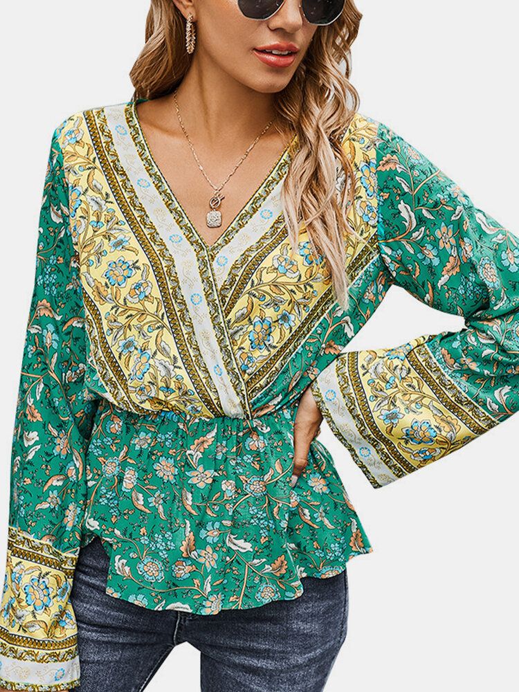 Blusa Con Cuello En V Con Estampado Barroco Y Estampado Floral Bohemio Para Mujer