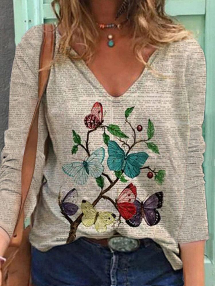 Blusa Con Cuello En V Con Estampado De Mariposas Y Estampado De Periódicos Para Mujer