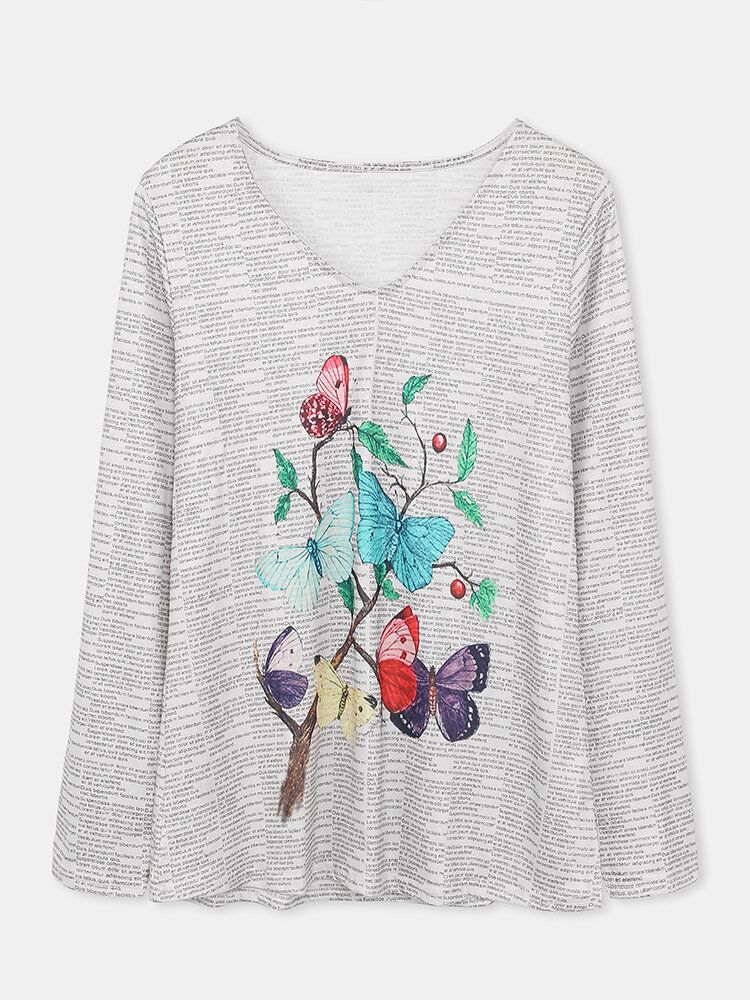 Blusa Con Cuello En V Con Estampado De Mariposas Y Estampado De Periódicos Para Mujer