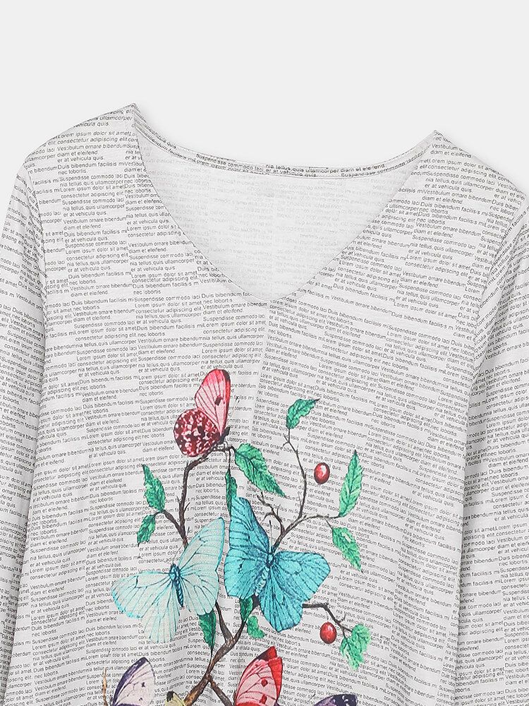 Blusa Con Cuello En V Con Estampado De Mariposas Y Estampado De Periódicos Para Mujer