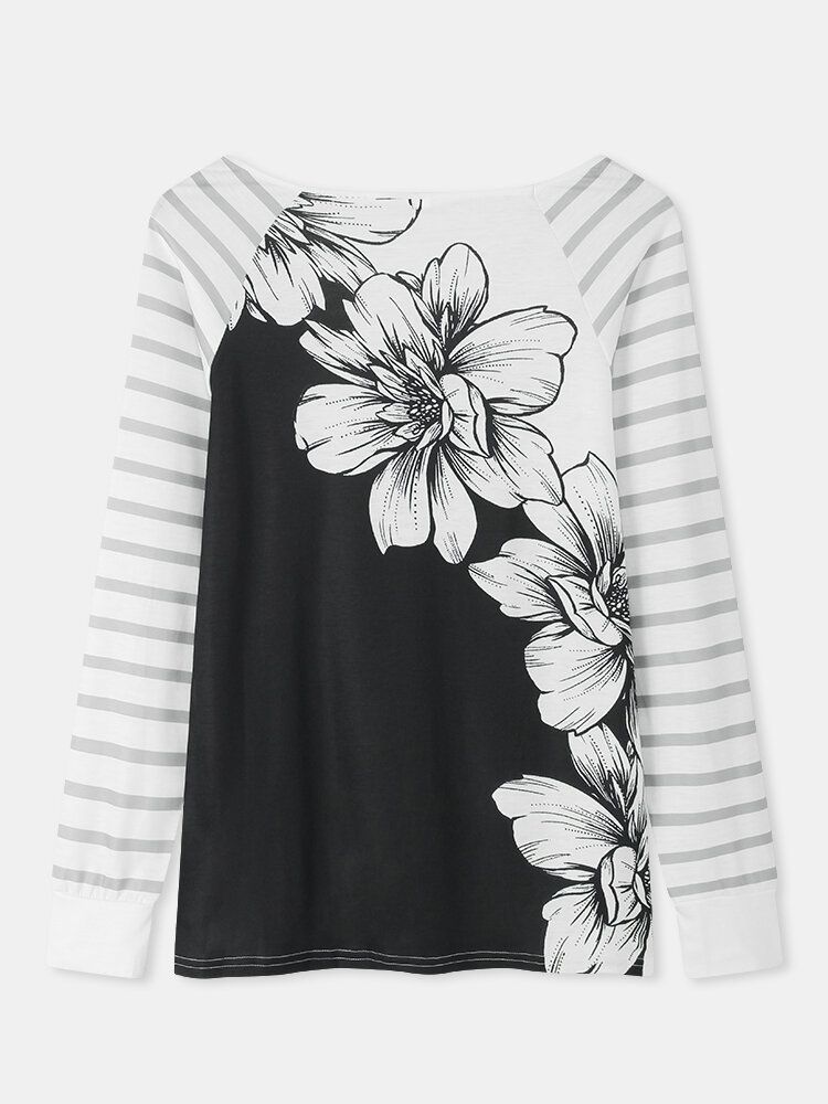 Blusa Con Cuello En V Y Manga Raglán Con Estampado Floral Y Rayas Para Mujer