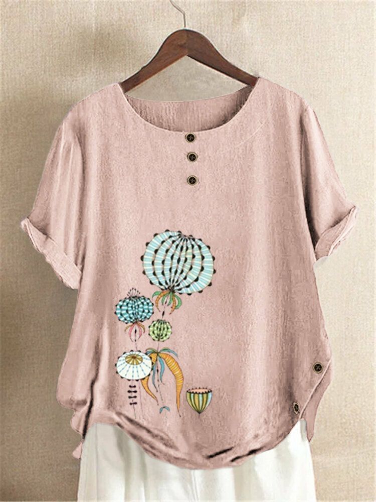 Blusa Con Dobladillo Irregular De Manga Corta Con Botones Con Estampado De Margaritas Vintage Para Mujer