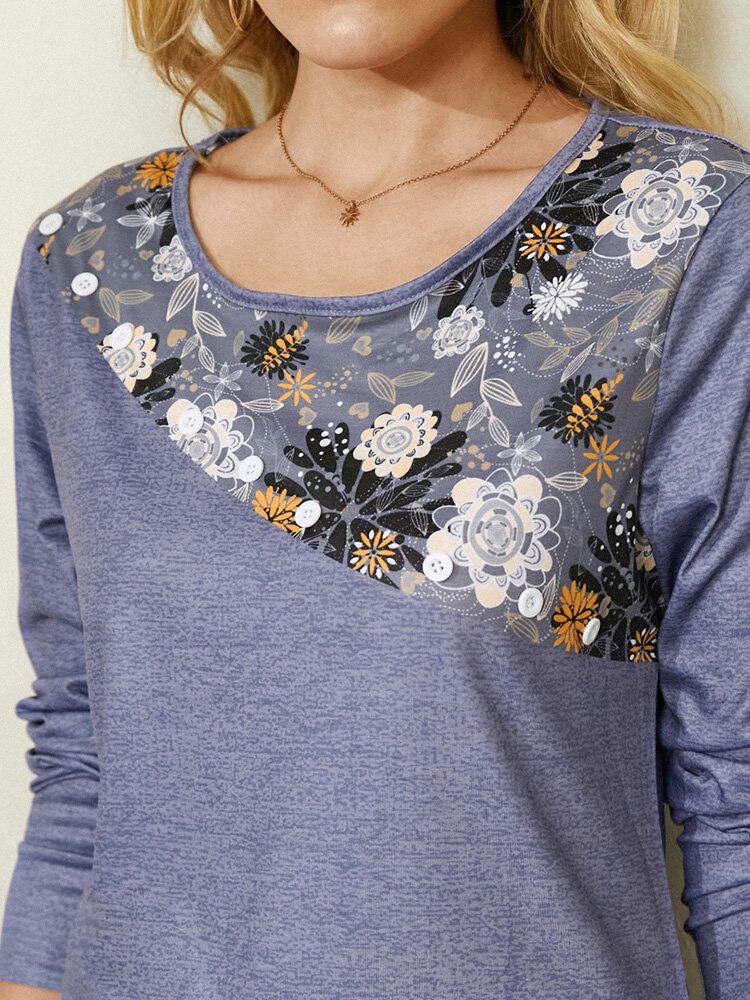 Blusa Con Dobladillo Irregular De Manga Larga Con Cuello Redondo Y Estampado De Calicó Para Mujer