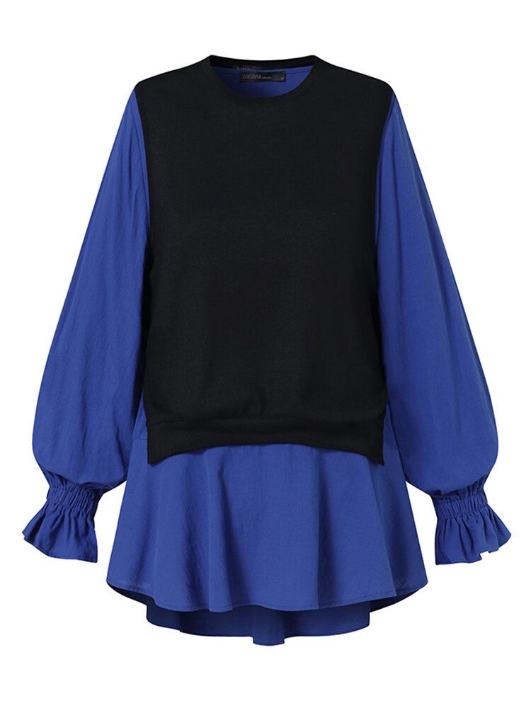 Blusa Con Dobladillo De Volantes De Dos Piezas Con Puños Elásticos Casuales En Contraste De Color Para Mujer