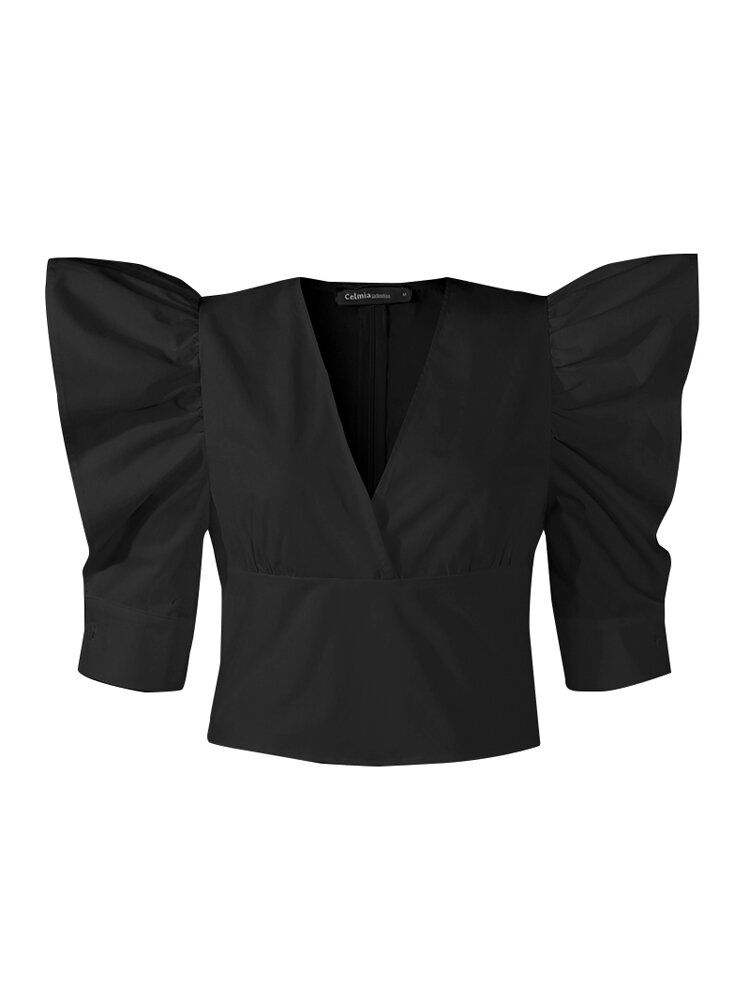 Blusa Corta Con Cremallera En La Espalda Y Manga Corta Con Cuello En V De Color Sólido Para Mujer