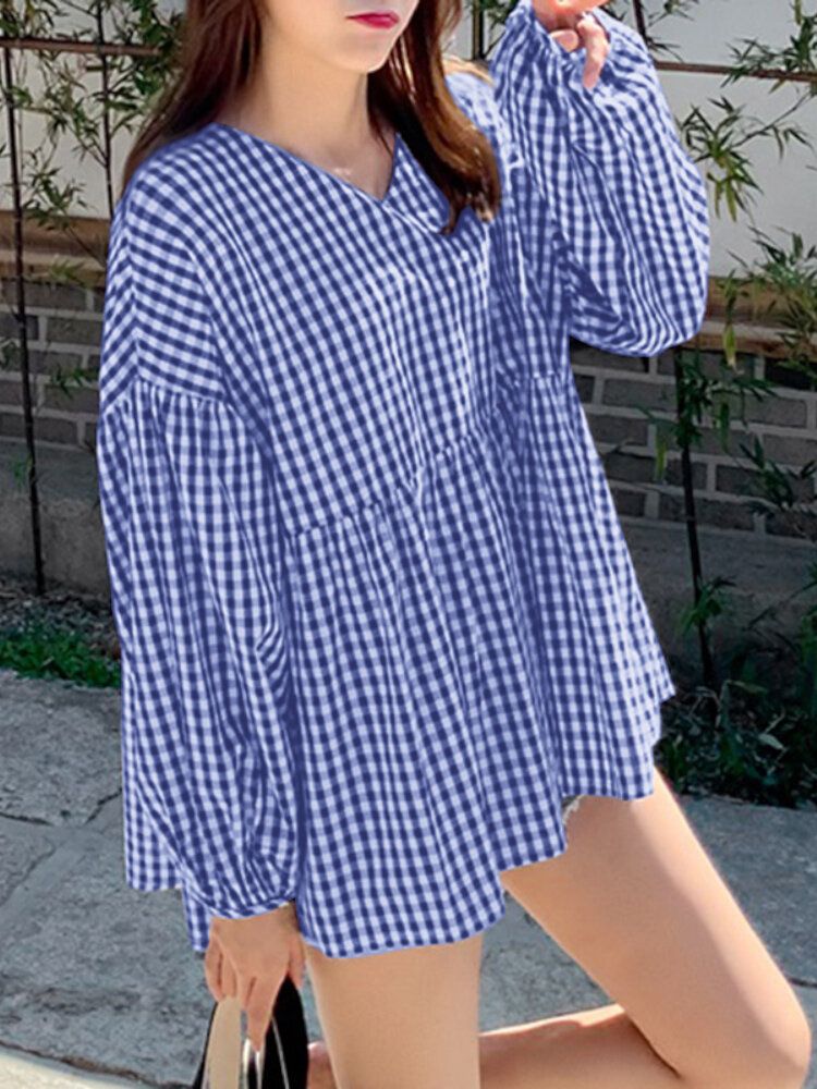 Blusa De Cuadros Casuales Con Dobladillo Alto Y Bajo Con Cuello En V Y Manga Abullonada Para Mujer