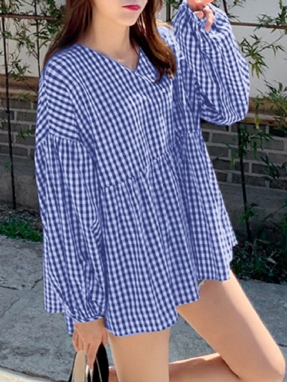 Blusa De Cuadros Casuales Con Dobladillo Alto Y Bajo Con Cuello En V Y Manga Abullonada Para Mujer