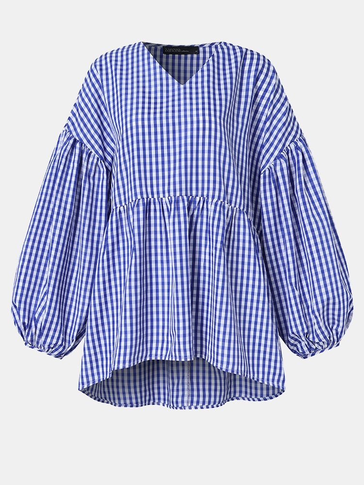 Blusa De Cuadros Casuales Con Dobladillo Alto Y Bajo Con Cuello En V Y Manga Abullonada Para Mujer