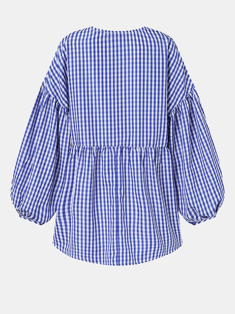 Blusa De Cuadros Casuales Con Dobladillo Alto Y Bajo Con Cuello En V Y Manga Abullonada Para Mujer