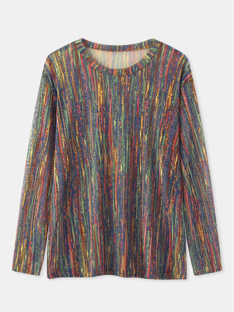 Blusa De Cuello Redondo De Manga Larga Con Estampado De Brillo A Rayas Multicolor Para Mujer