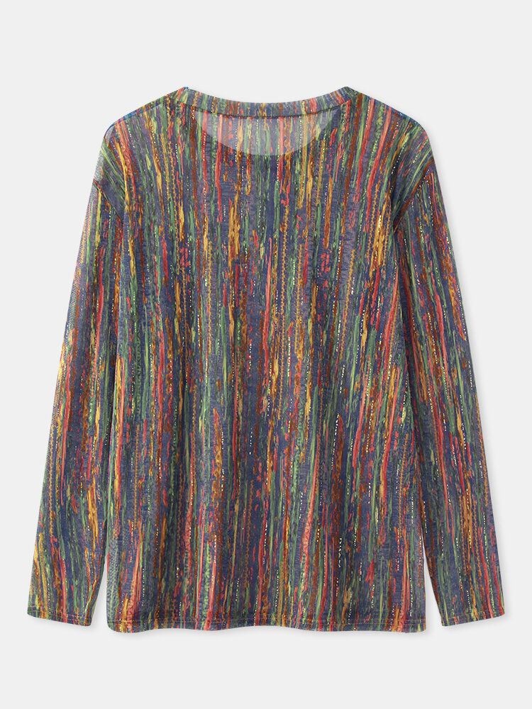 Blusa De Cuello Redondo De Manga Larga Con Estampado De Brillo A Rayas Multicolor Para Mujer