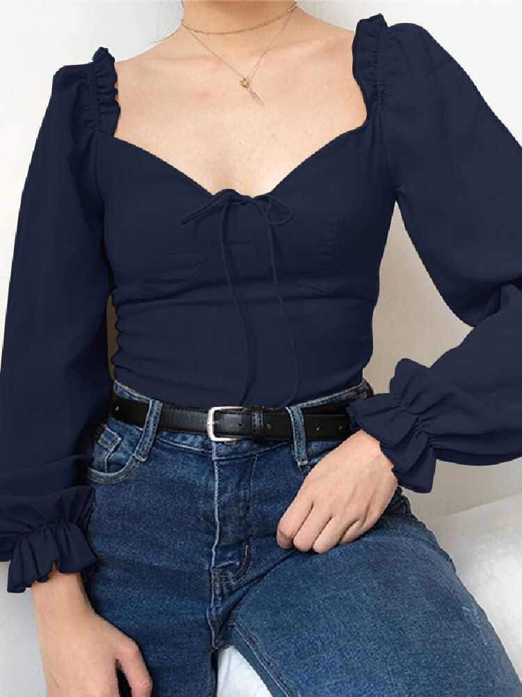 Blusa Elegante De Corte Bajo Con Cuello En Forma De Corazón Y Nudo Con Cuello En Forma De Corazón Y Cremallera Trasera Para Mujer