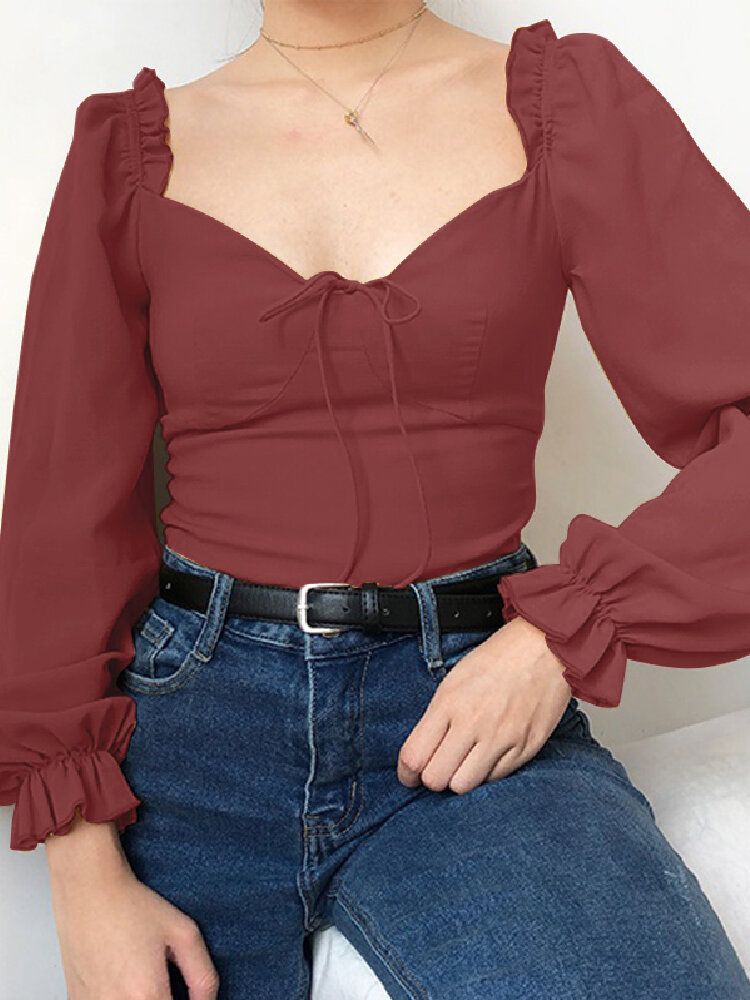 Blusa Elegante De Corte Bajo Con Cuello En Forma De Corazón Y Nudo Con Cuello En Forma De Corazón Y Cremallera Trasera Para Mujer