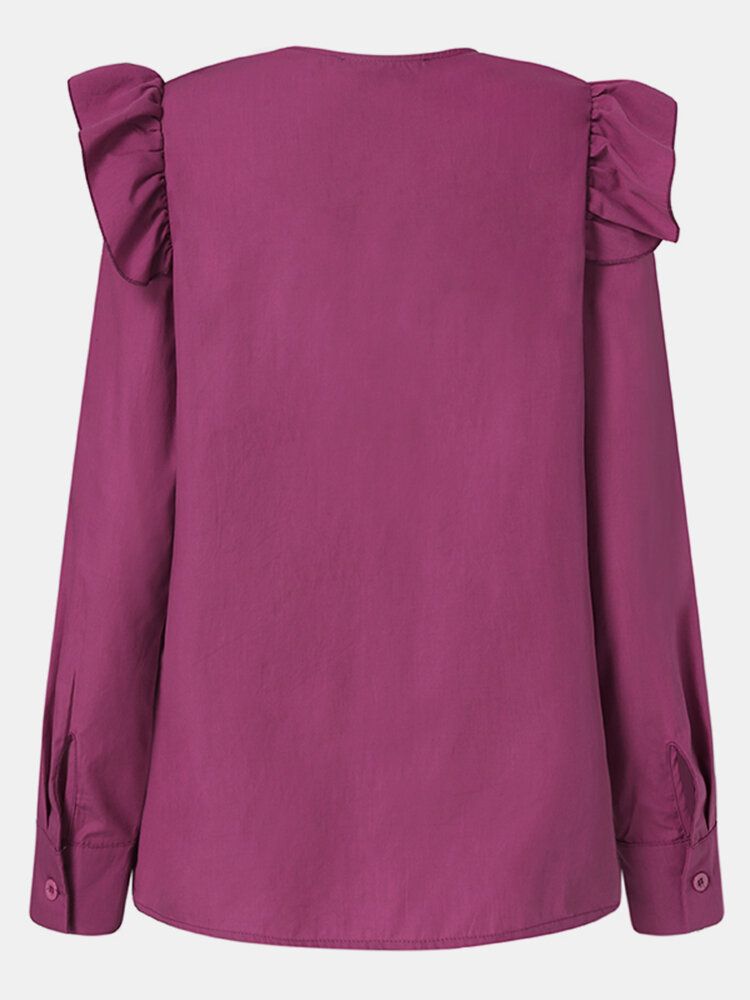 Blusa Elegante Informal De Manga Larga Con Cuello En V Y Ribetes De Volantes Para Mujer