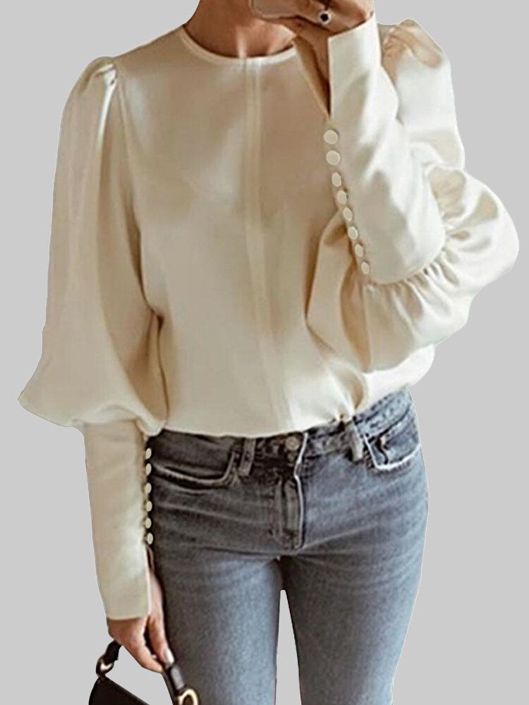 Blusa Elegante De Manga Abullonada Con Botones De Cuello Redondo De Color Sólido Para Mujer