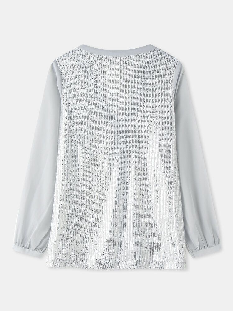 Blusa Elegante De Manga Larga Con Cuello En V Y Lentejuelas Para Mujer