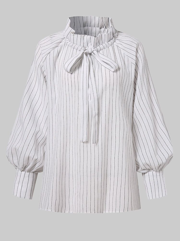 Blusa Elegante De Manga De Linterna Con Cordones Y Estampado De Rayas Para Mujer