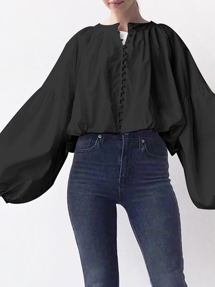 Blusa Elegante Plisada Con Cuello Redondo Y Botones De Color Sólido Informal De Manga Abullonada Para Mujer