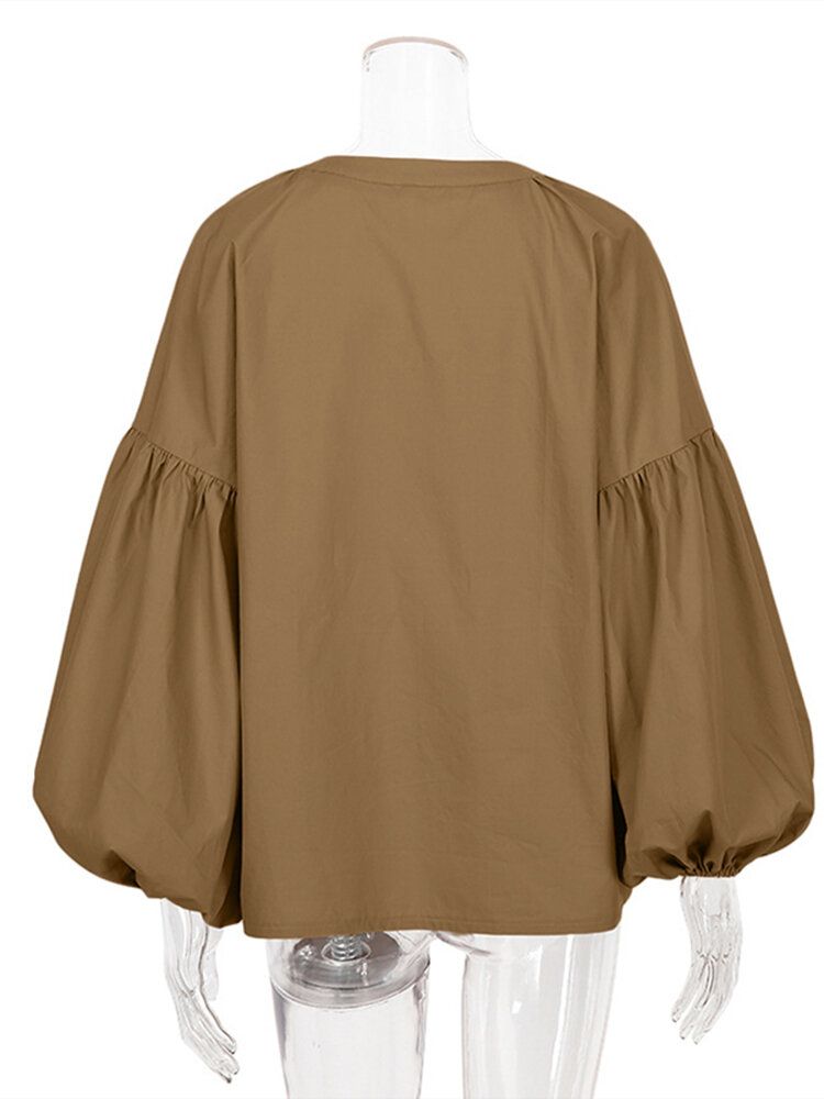 Blusa Elegante Plisada Con Cuello Redondo Y Botones De Color Sólido Informal De Manga Abullonada Para Mujer