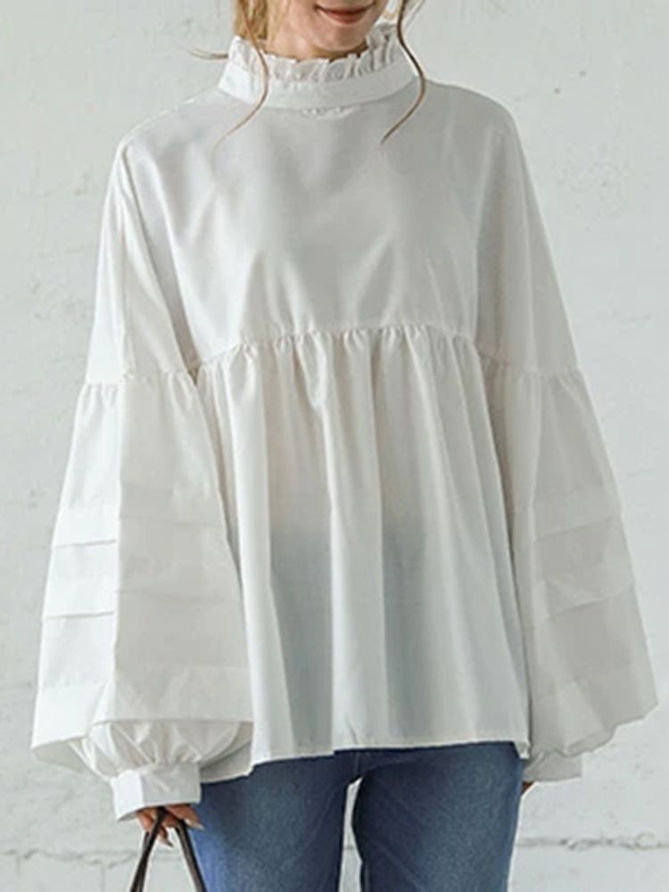 Blusa Empalmada Informal Con Cuello Alto Y Manga Abullonada Para Mujer