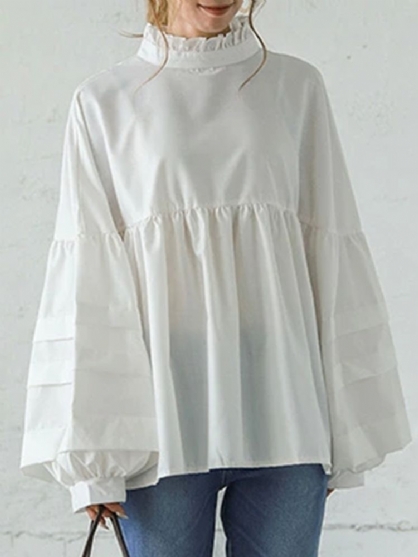 Blusa Empalmada Informal Con Cuello Alto Y Manga Abullonada Para Mujer