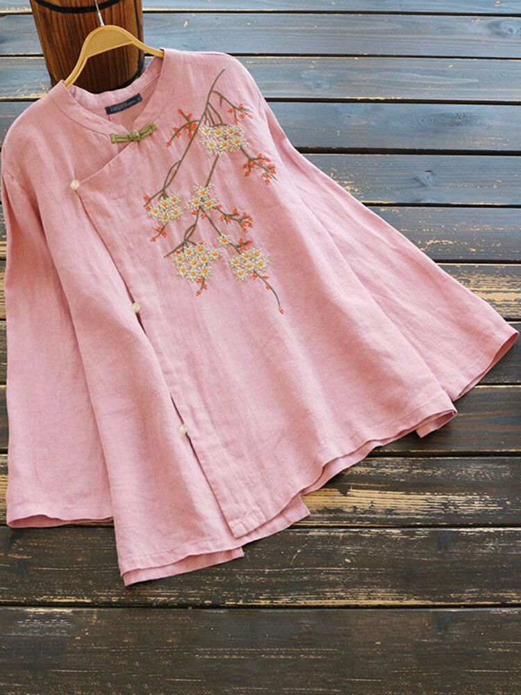 Blusa De Estilo Étnico Irregular De Manga Larga Con Bordado Floral Vintage Para Mujer