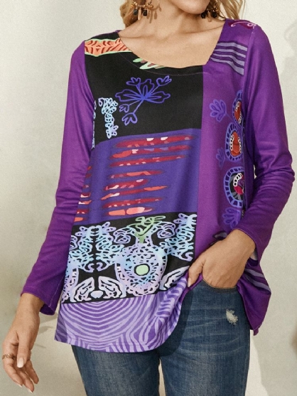 Blusa De Estilo Étnico De Manga Larga Con Cuello Asimétrico Y Estampado Abstracto Para Mujer