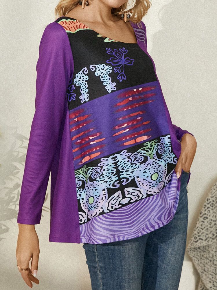 Blusa De Estilo Étnico De Manga Larga Con Cuello Asimétrico Y Estampado Abstracto Para Mujer