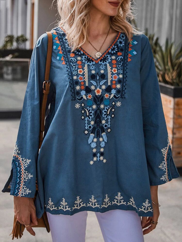 Blusa Étnica De Vacaciones De Manga Larga Con Cuello En V Y Estampado Floral Bohemio Para Mujer