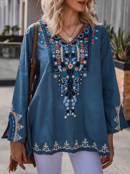 Blusa Étnica De Vacaciones De Manga Larga Con Cuello En V Y Estampado Floral Bohemio Para Mujer