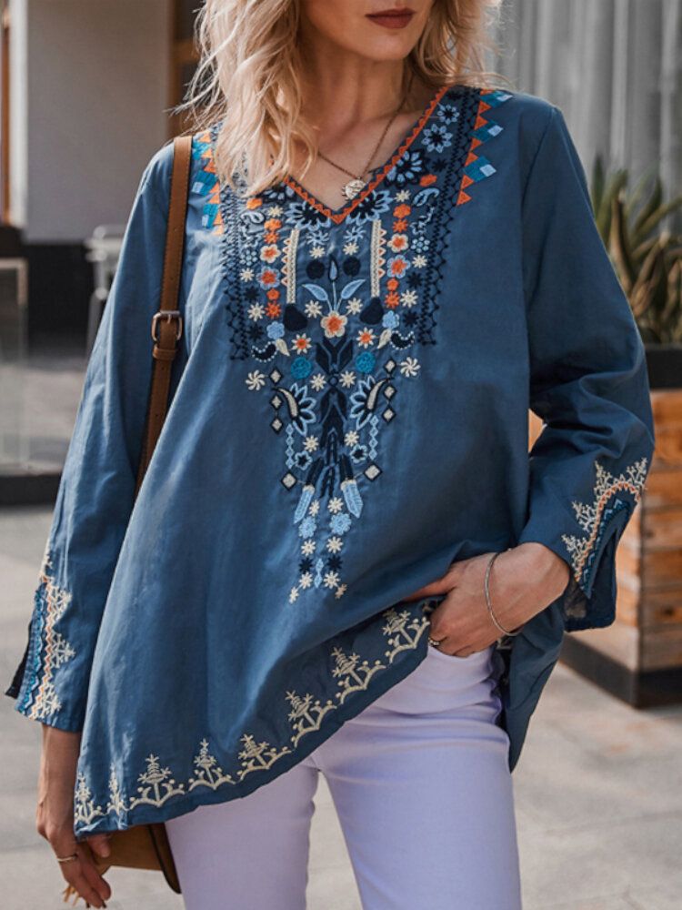 Blusa Étnica De Vacaciones De Manga Larga Con Cuello En V Y Estampado Floral Bohemio Para Mujer