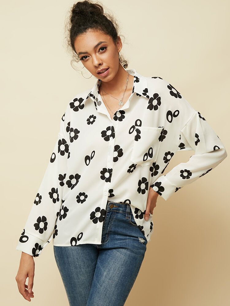 Blusa De Gasa De Manga Larga Con Botones De Solapa Y Estampado De Flores Para Mujer