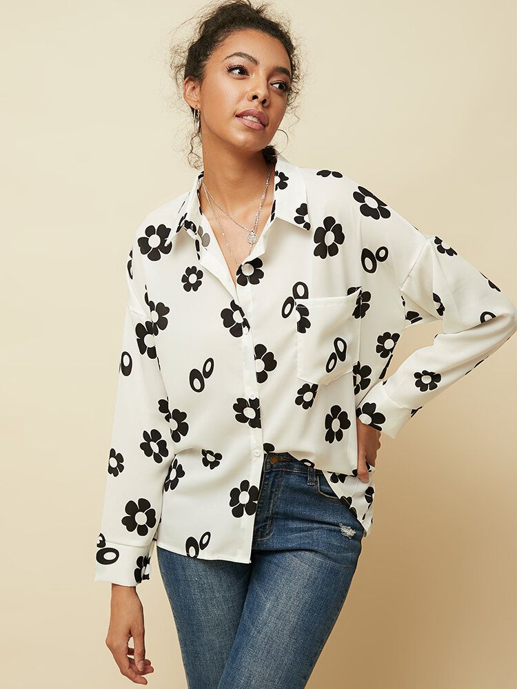 Blusa De Gasa De Manga Larga Con Botones De Solapa Y Estampado De Flores Para Mujer