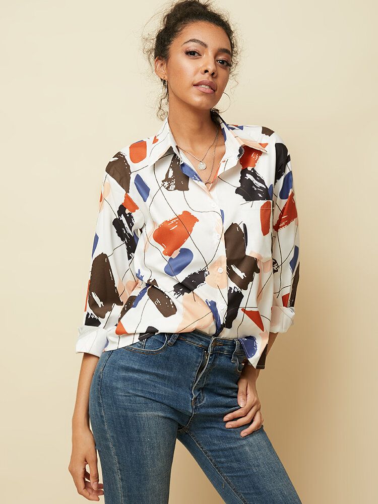 Blusa Holgada Informal De Bolsillo Con Botones De Solapa Y Estampado De Grafiti Para Mujer