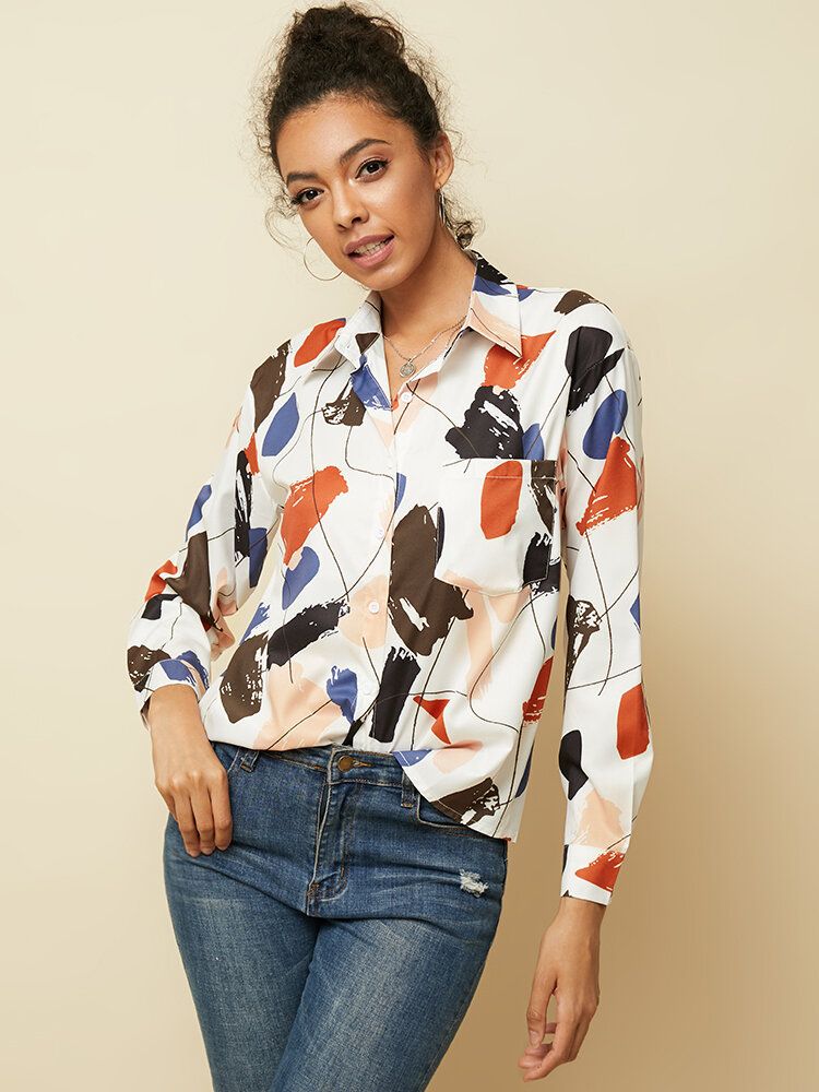 Blusa Holgada Informal De Bolsillo Con Botones De Solapa Y Estampado De Grafiti Para Mujer