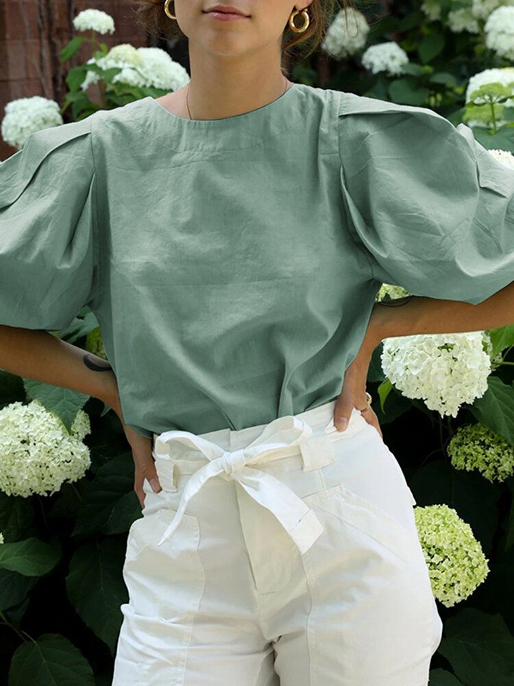 Blusa Informal De Algodón Con Cremallera En La Espalda Con Cuello Redondo Y Manga Abullonada Para Mujer