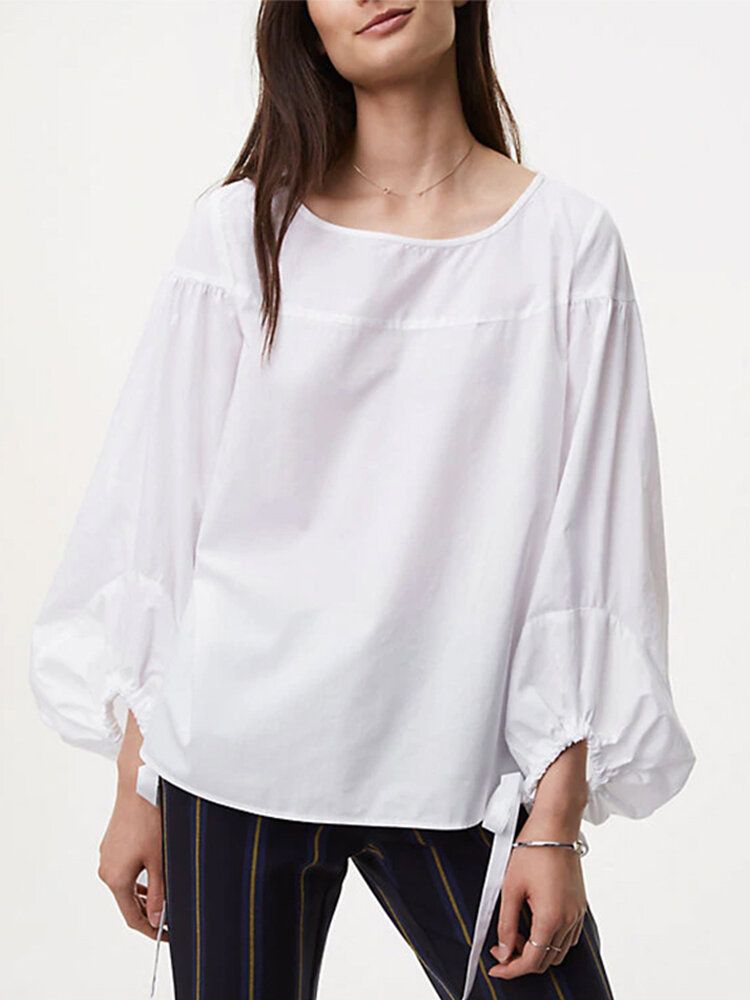 Blusa Informal De Color Sólido Con Cuello Redondo Y Manga Abullonada Con Cordón Para Mujer