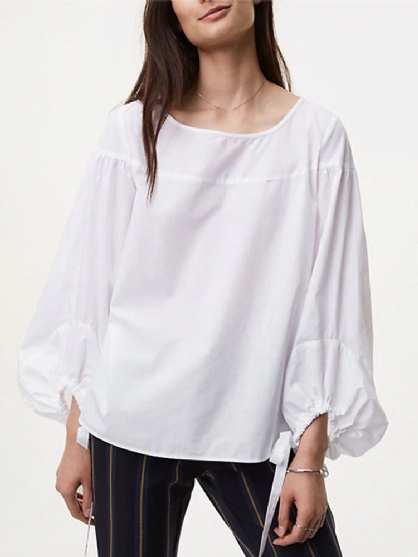 Blusa Informal De Color Sólido Con Cuello Redondo Y Manga Abullonada Con Cordón Para Mujer