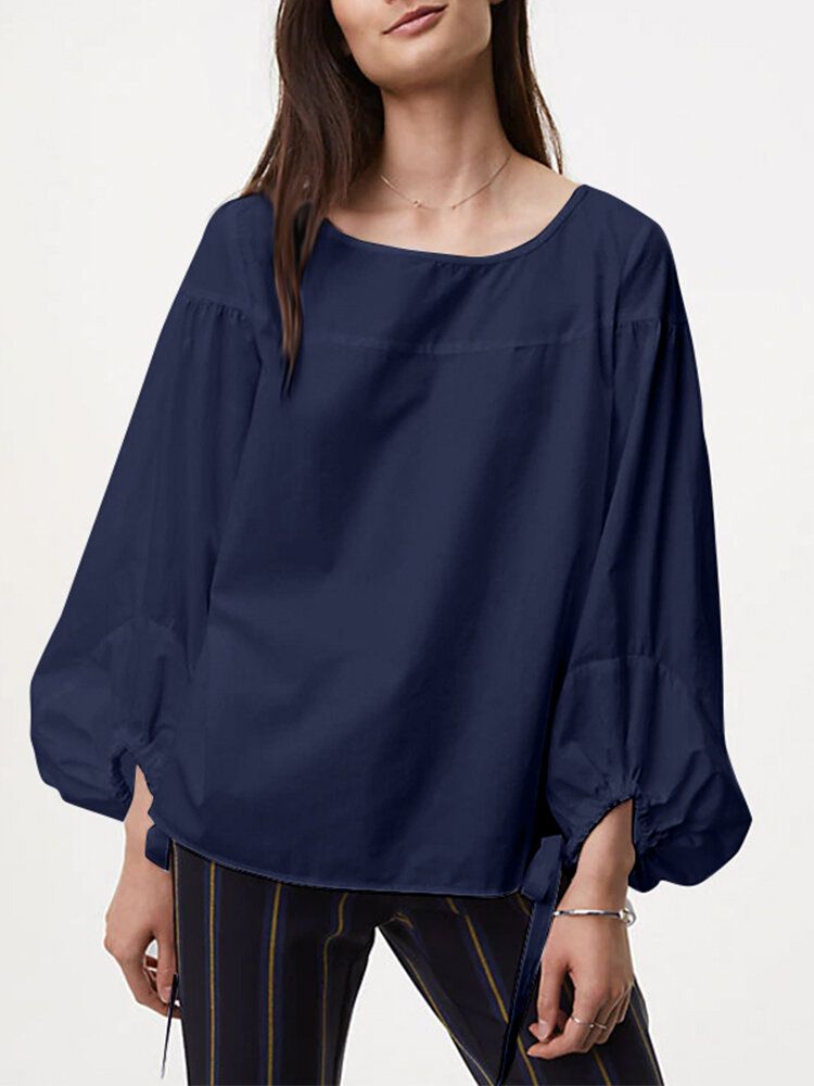 Blusa Informal De Color Sólido Con Cuello Redondo Y Manga Abullonada Con Cordón Para Mujer