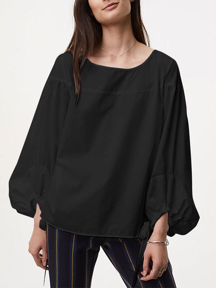 Blusa Informal De Color Sólido Con Cuello Redondo Y Manga Abullonada Con Cordón Para Mujer