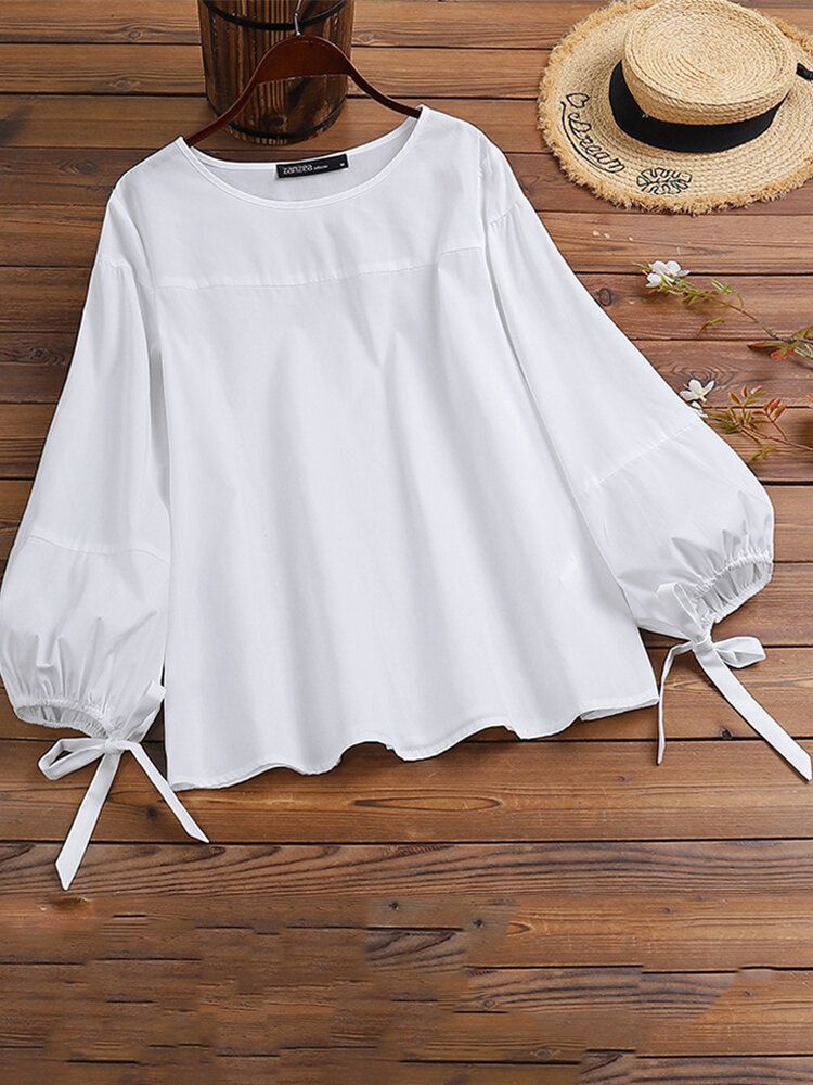 Blusa Informal De Color Sólido Con Cuello Redondo Y Manga Abullonada Con Cordón Para Mujer