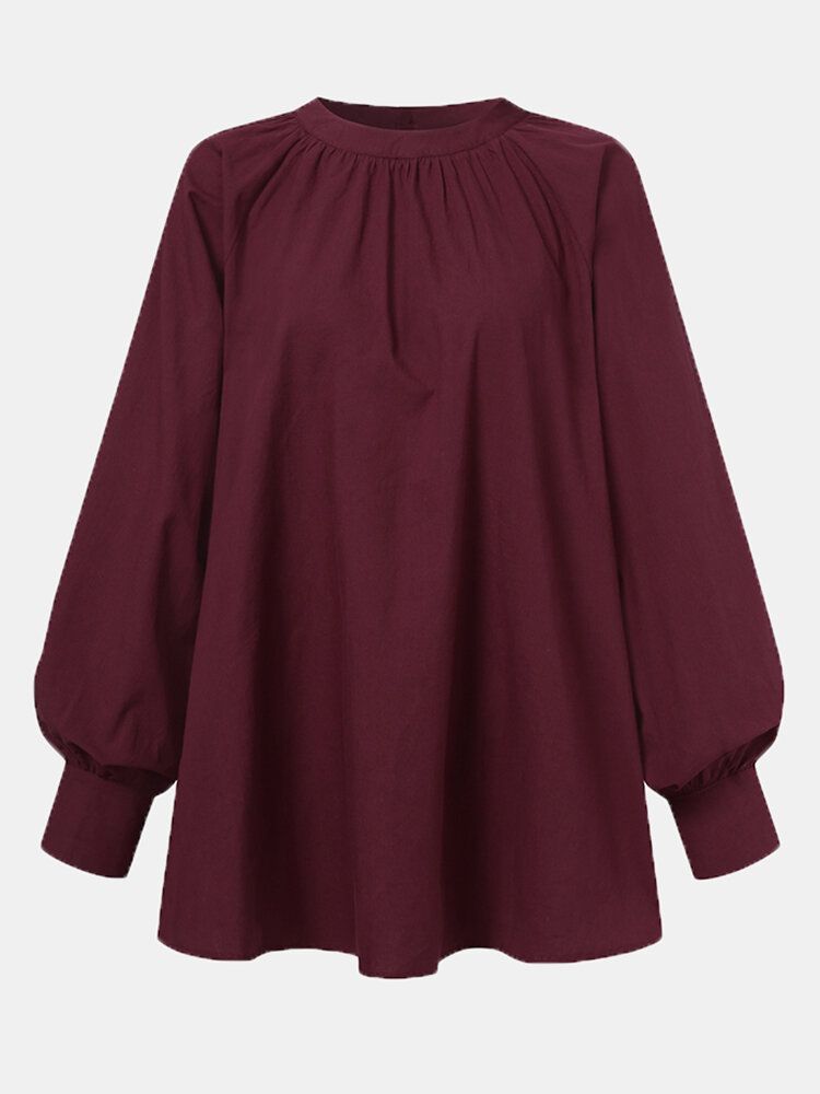 Blusa Informal Con Botones De Manga Abullonada Y Cuello Mandarín De Color Sólido Para Mujer