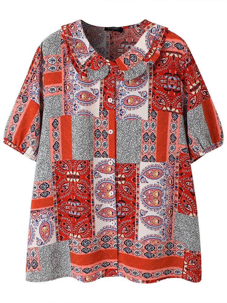 Blusa Informal Con Botones De Manga Corta Con Estampado Mixto Y Estampado Étnico Vintage Para Mujer