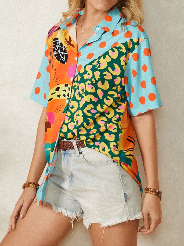 Blusa Informal Con Botones De Manga Corta Y Solapa Con Estampado De Lunares Para Mujer