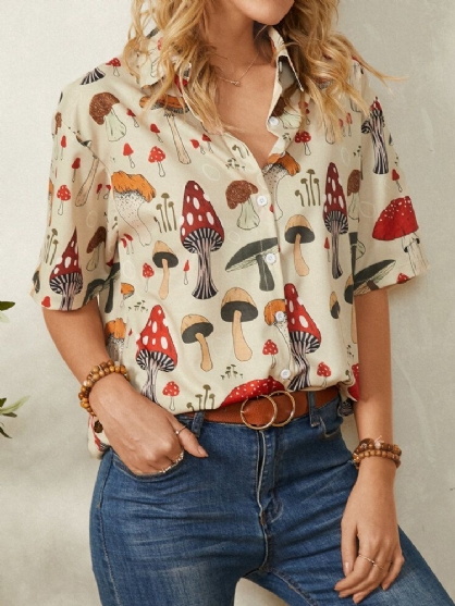 Blusa Informal Con Botones De Media Manga Y Cuello De Solapa Con Estampado De Hongos Para Mujer